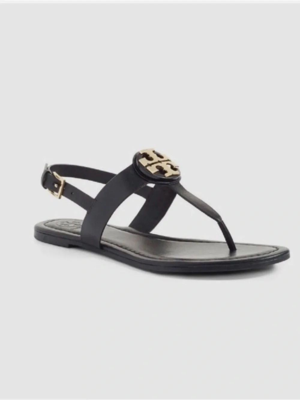 Tory Burch Black Leather Logo Thong Sandal with Gold Emblem